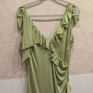 Cinq a Sept SILK Size 10, lime green ruffle trim asymmetrical hem mini dress